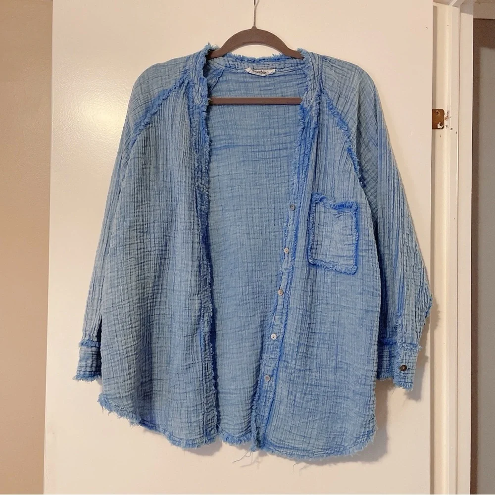HerringStones Blue Raw Hem Button Down Blouse Size M - Picture 3 of 10